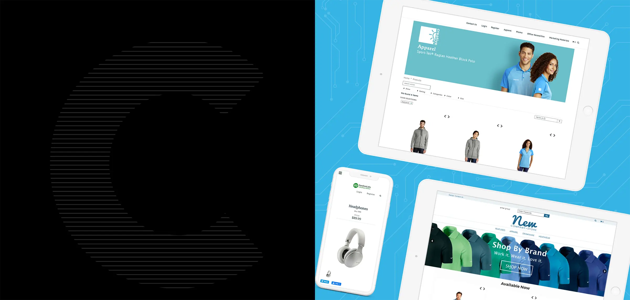 Creative company store platform shown on tablet and phone