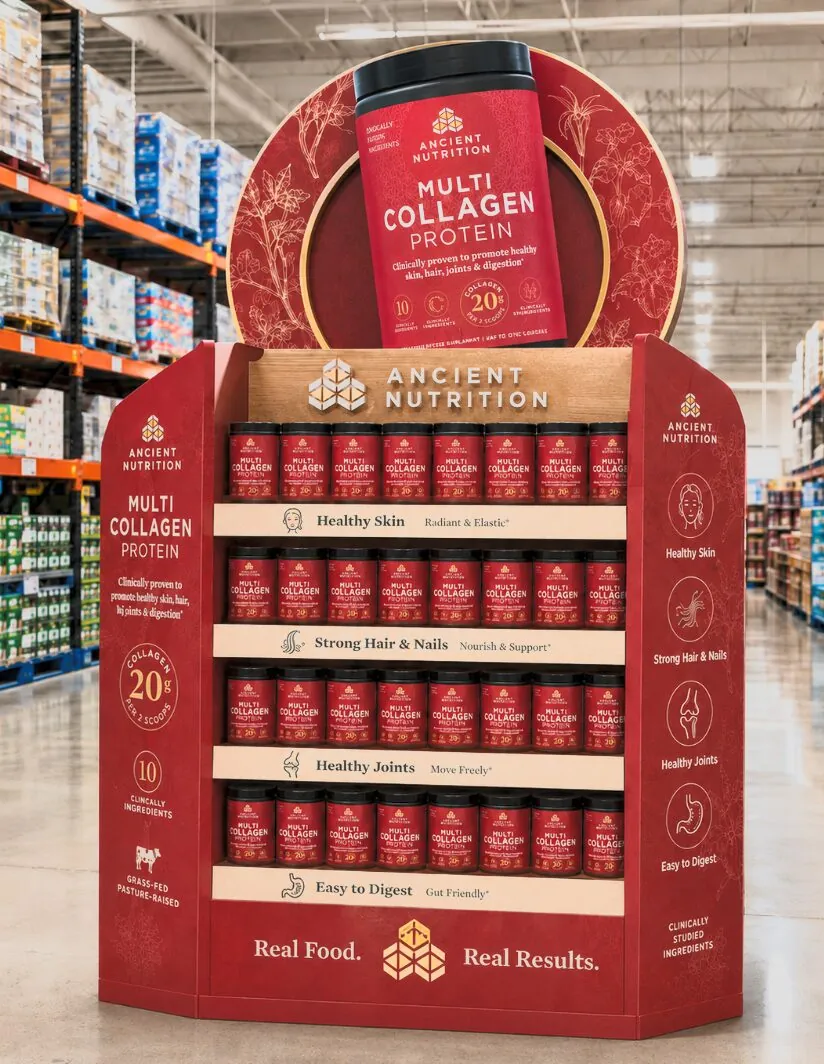 Red Ancient Nutrition collagen display stocked with products in a warehouse