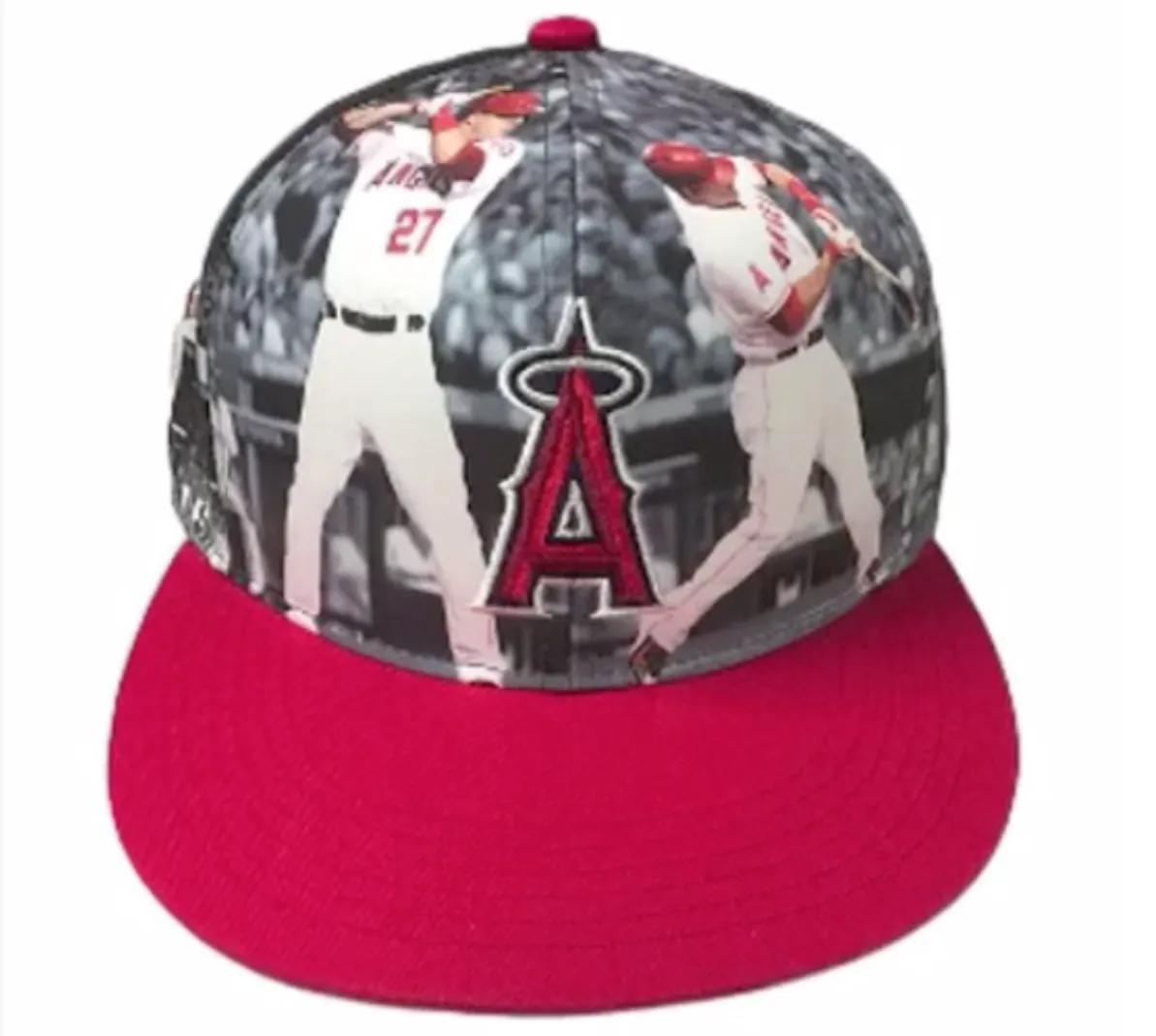 Los Angeles Angels snapback with a photograph printed across the crown and red brim