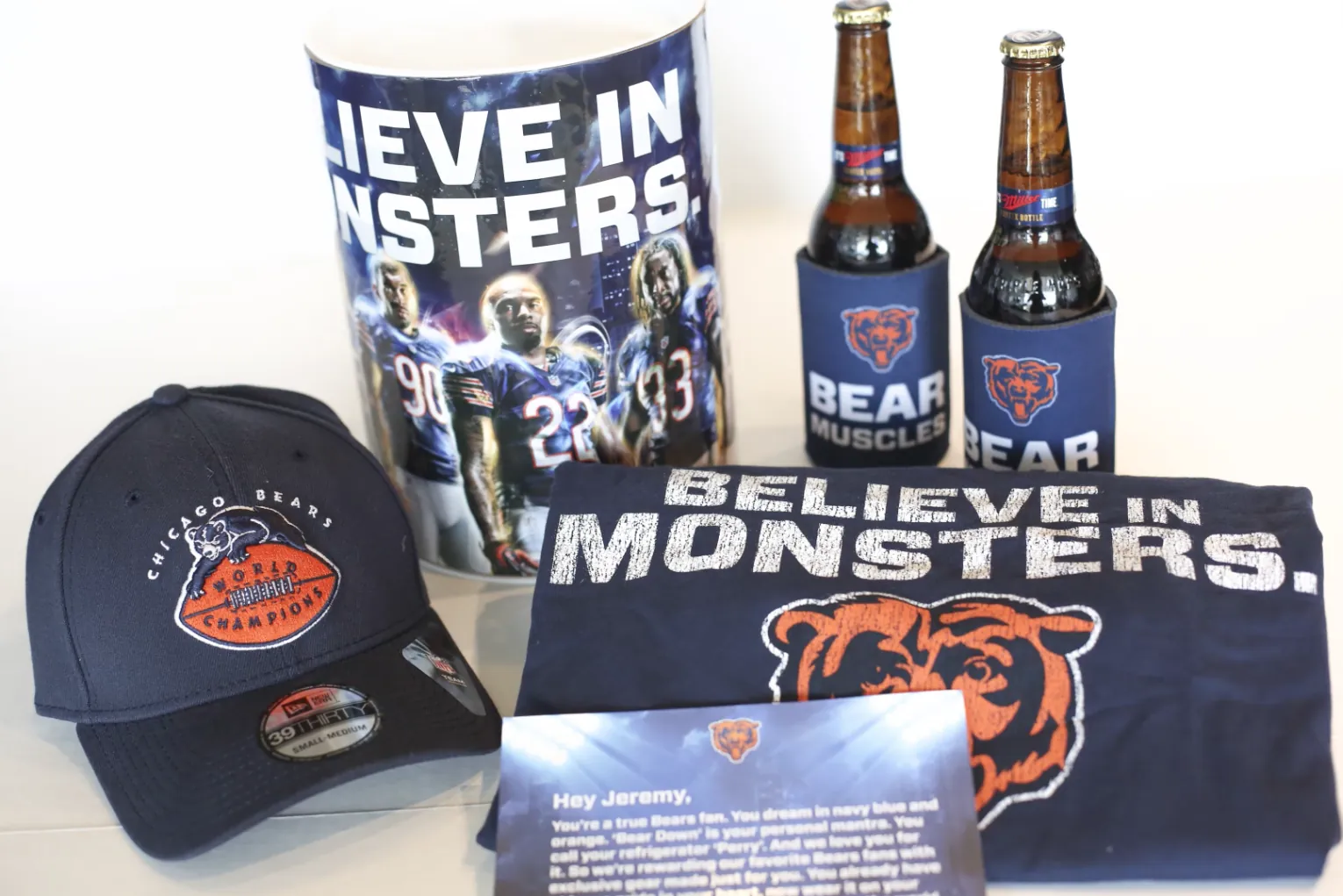 Believe in Monsters Chicago Bears kit with apparel, cap and drink accessories