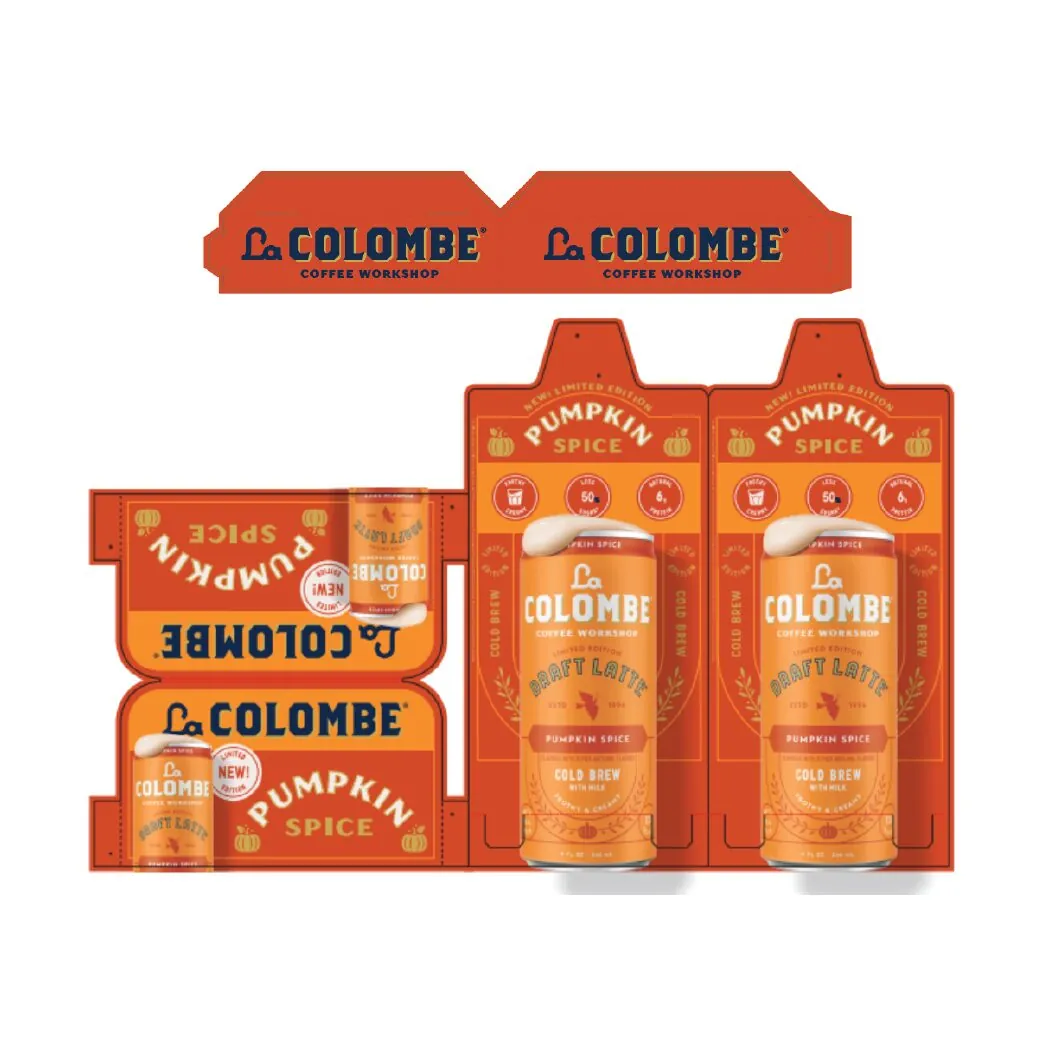 Orange La Colombe pumpkin spice packaging artwork with canned coffee
